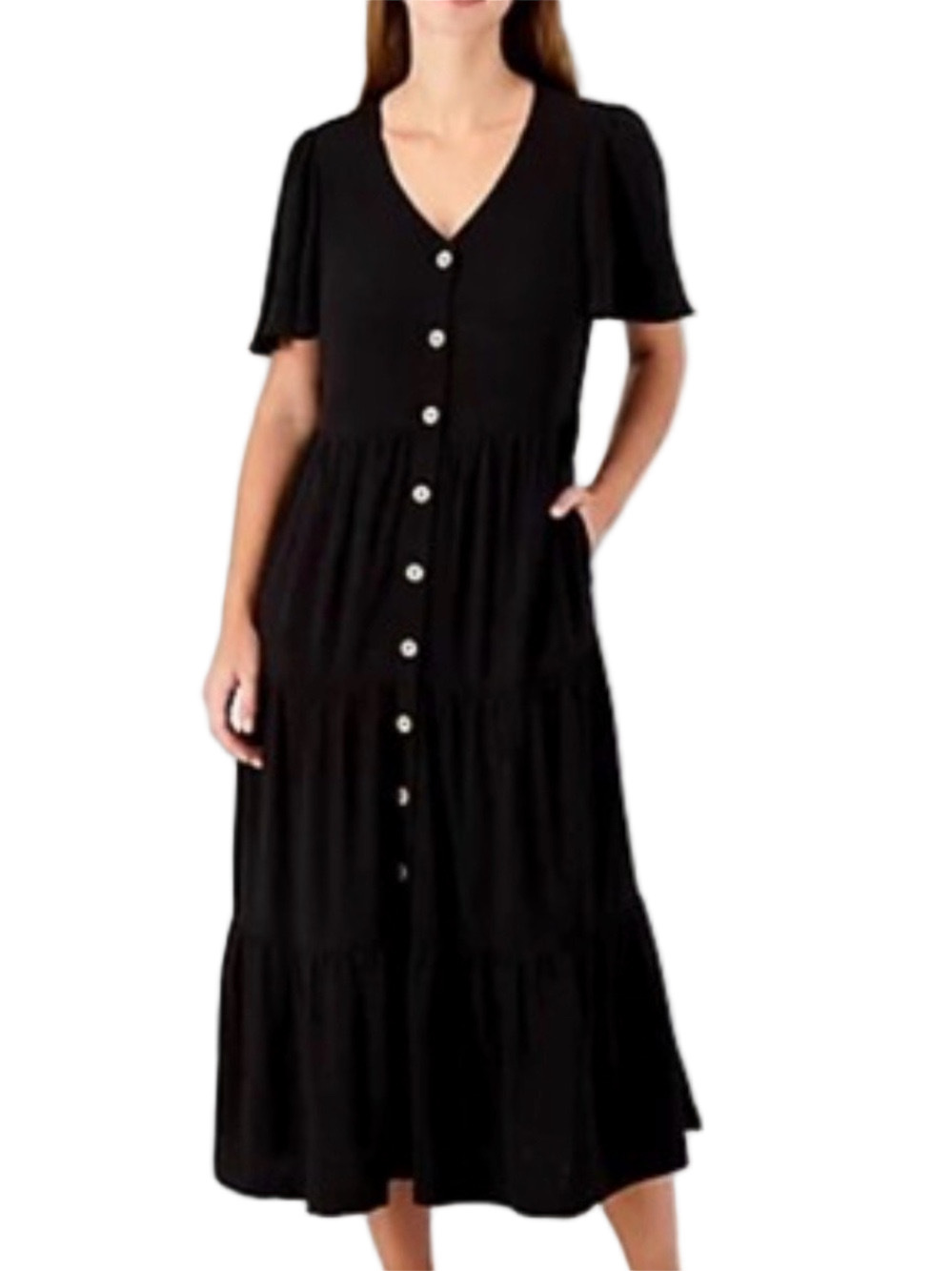 Susan Graver Black Button-Front Tiered Midi Dress